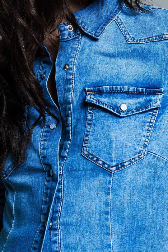 Body Con Mid Wash Denim Shirt - Shirts