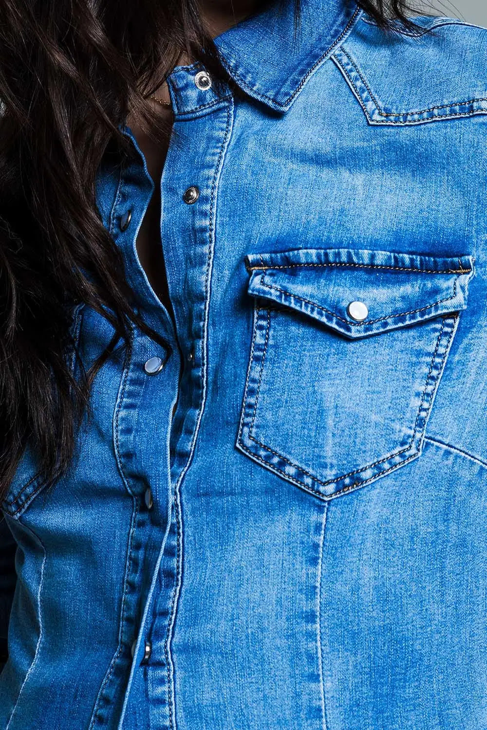 Body Con Mid Wash Denim Shirt - Shirts
