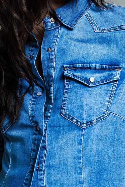 Body Con Mid Wash Denim Shirt - Shirts