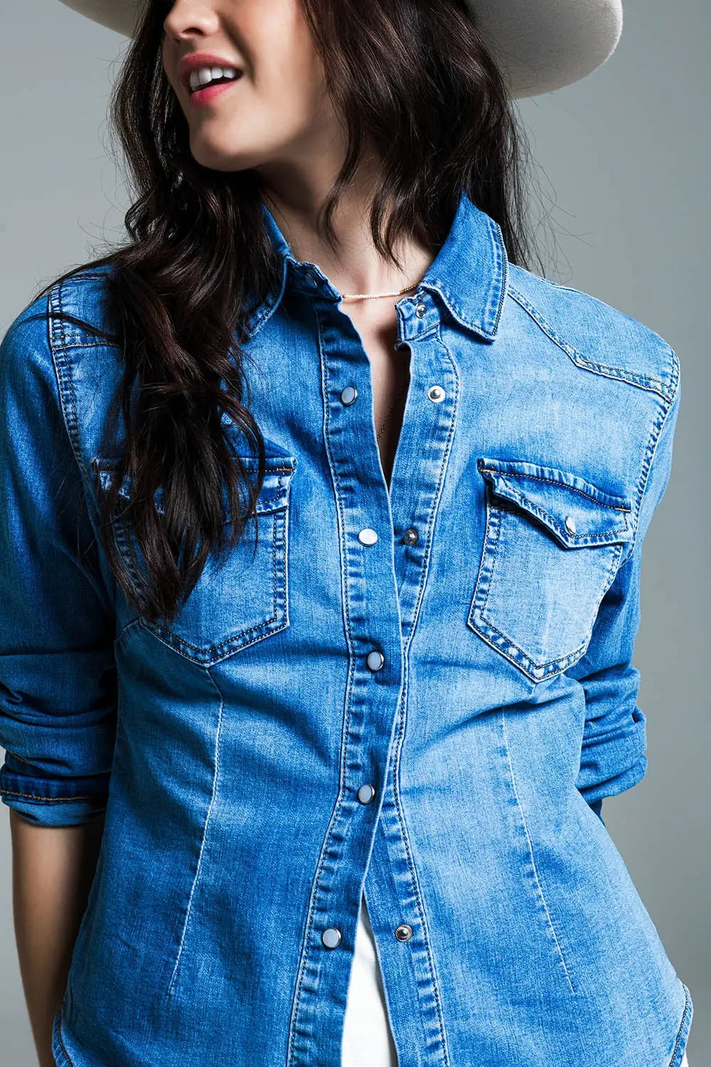 Body Con Mid Wash Denim Shirt - Shirts