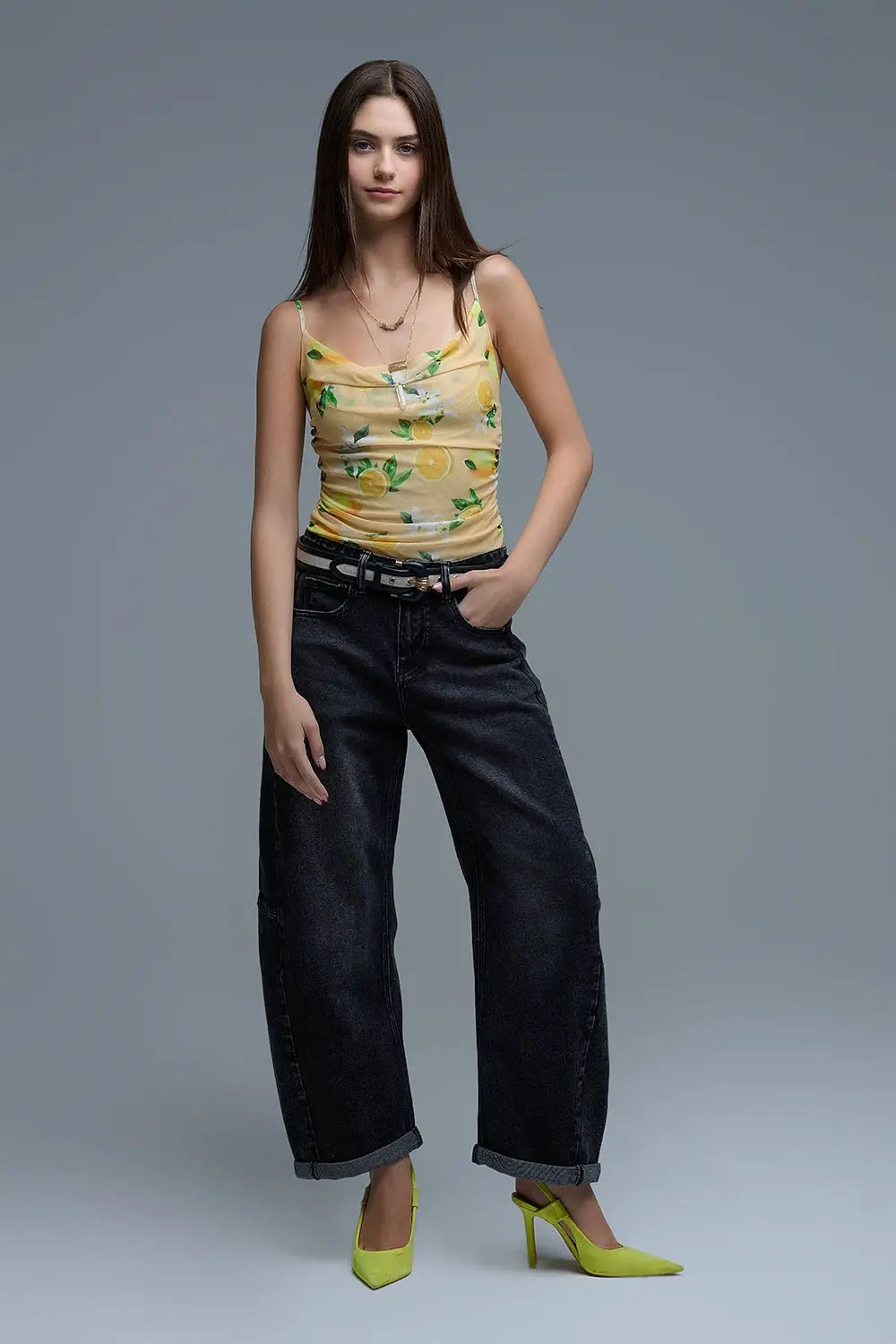Body jaune avec imprimé citron en maille - Tops