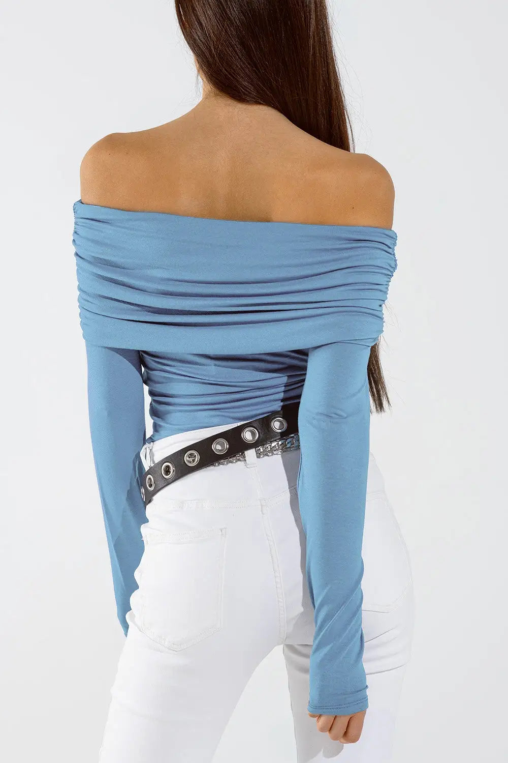 Bodycon Off Shoulder Top In Light Blue - Tops