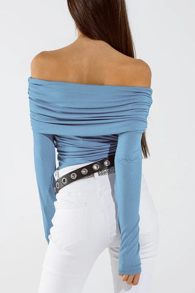 Bodycon Off Shoulder Top In Light Blue - Tops