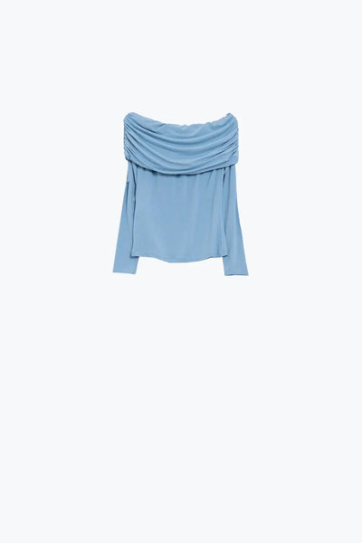 Bodycon Off Shoulder Top In Light Blue - Tops