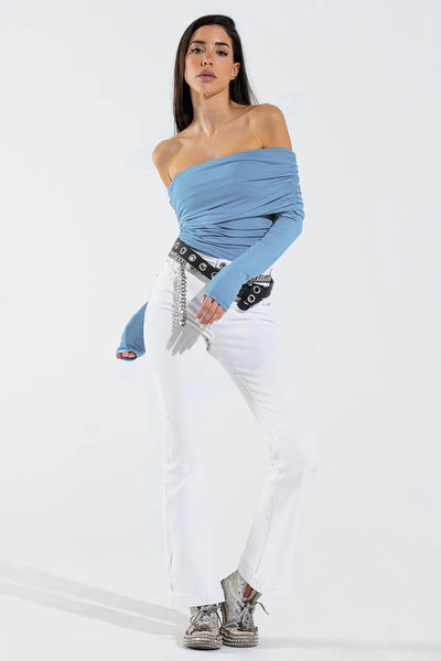Bodycon Off Shoulder Top In Light Blue - Tops