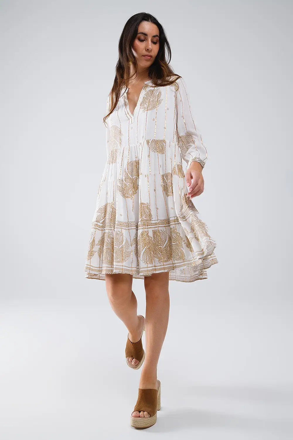 Boho Long Sleeve Dress With Leaf Print and Lurex Details in White - Dresses