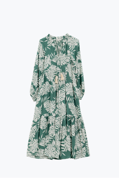 Boho Maxi Dress With Balloon Sleeves And Leaf Print In Green