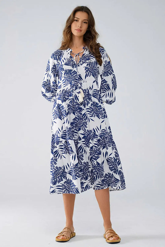 Boho Maxi Dress With Balloon Sleeves And Leaf Print In navy and White - Dresses