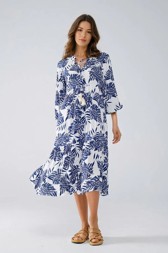 Boho Maxi Dress With Balloon Sleeves And Leaf Print In navy and White - Dresses