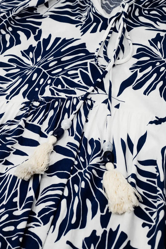 Boho Maxi Dress With Balloon Sleeves And Leaf Print In navy and White - Dresses