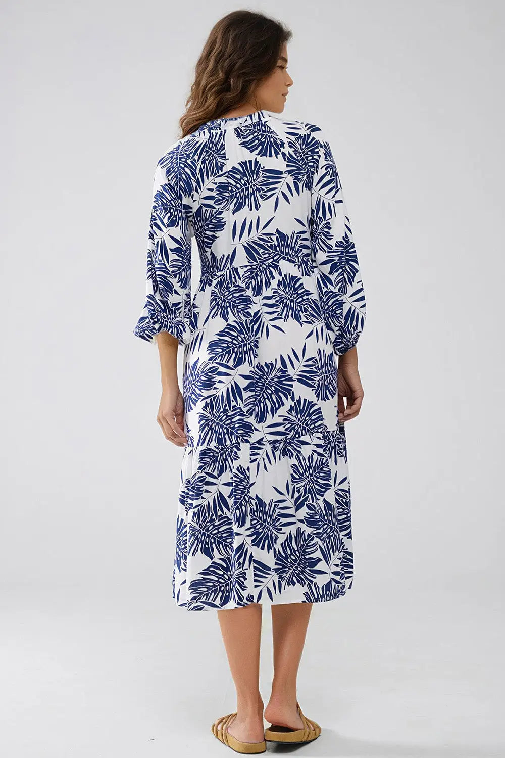 Boho Maxi Dress With Balloon Sleeves And Leaf Print In navy and White - Dresses