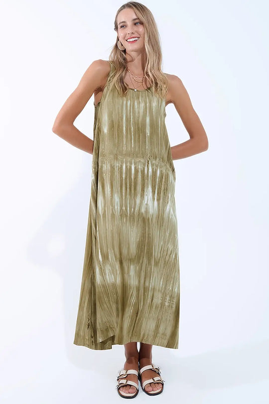 Boho Relaxed Dress in Kakhi Green Tie Dye in high quality fabric - Dresses