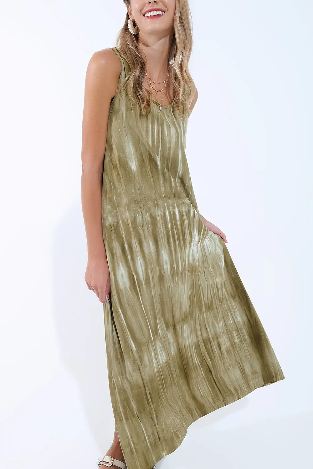Boho Relaxed Dress in Kakhi Green Tie Dye in high quality fabric - Dresses