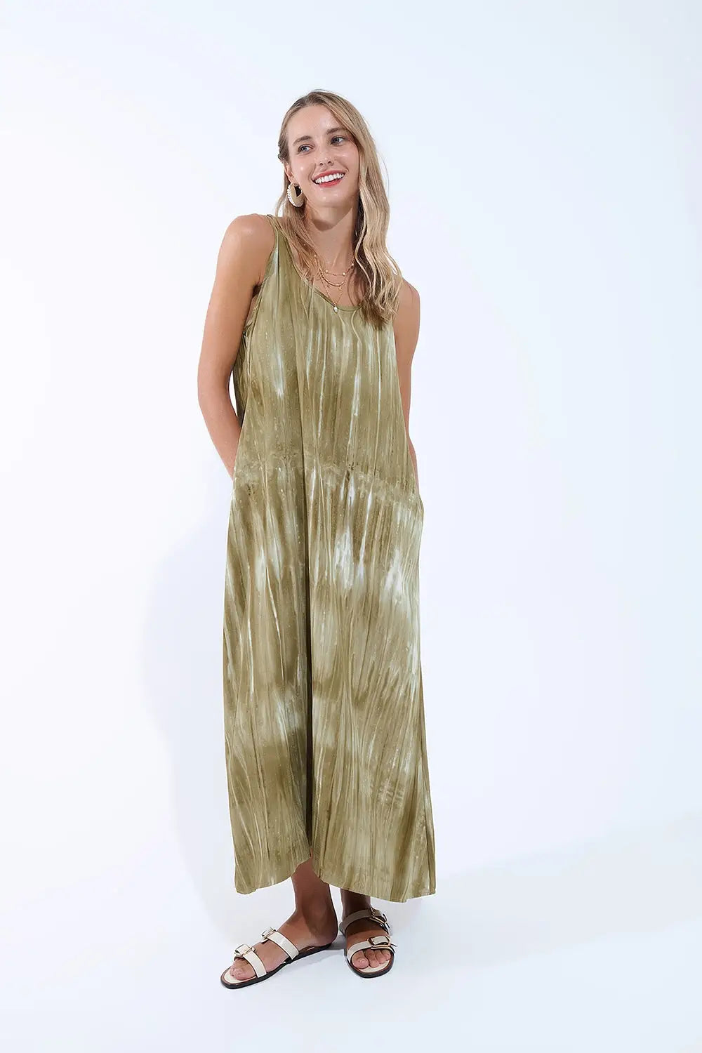 Boho Relaxed Dress in Kakhi Green Tie Dye in high quality fabric - Dresses