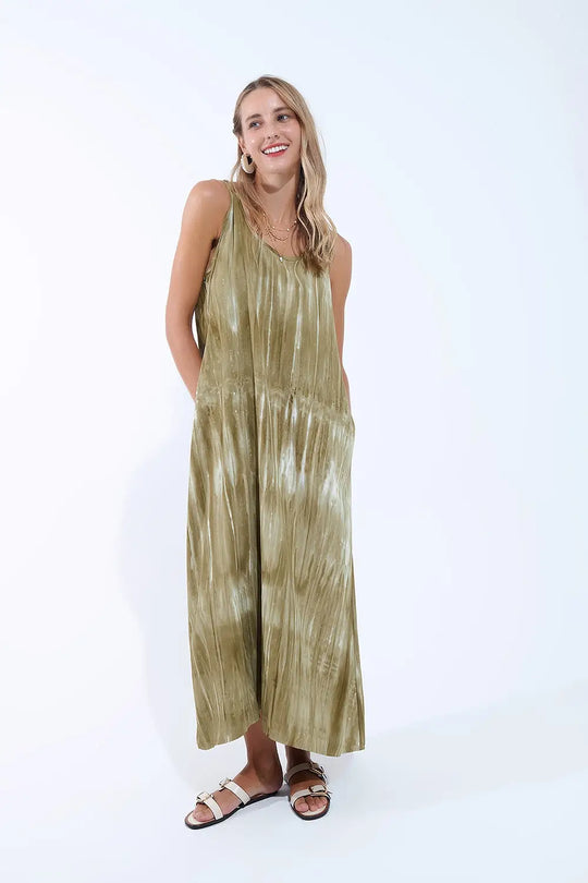 Boho Relaxed Dress in Kakhi Green Tie Dye in high quality fabric - Dresses