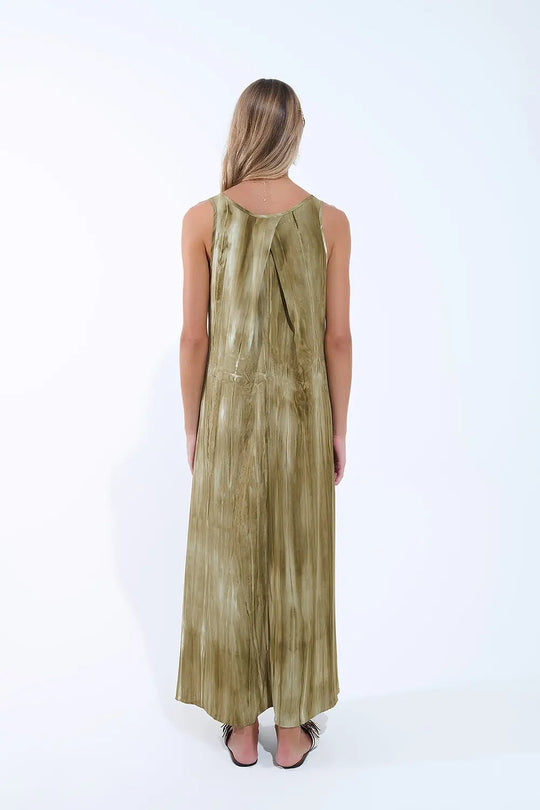 Boho Relaxed Dress in Kakhi Green Tie Dye in high quality fabric - Dresses