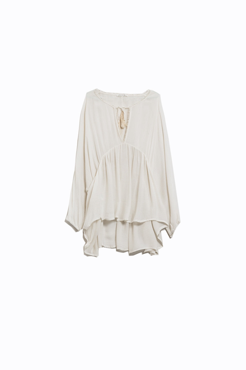 Q2 Boho White Short Dress with Long Sleeves and Ruched Detail