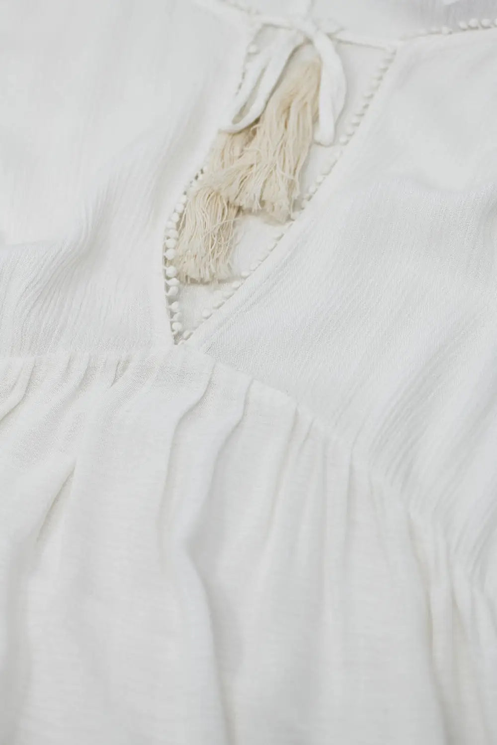 Boho White Short Dress with Long Sleeves and Ruched Detail - Dresses