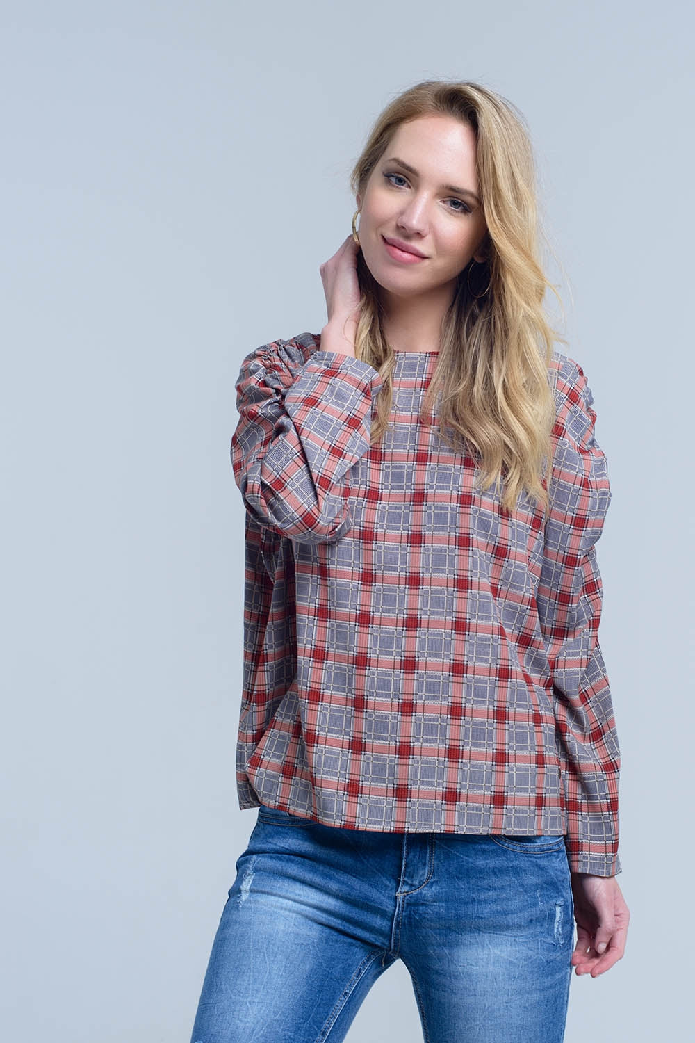 Q2 Bordeaux top with check print