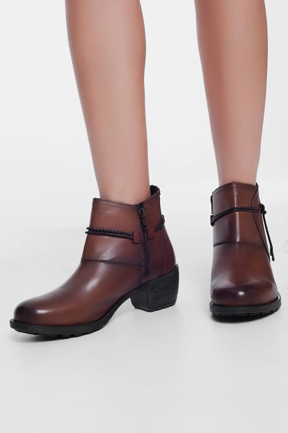 Bottines à talons carrés mi-hauts avec bout arrondi Cuir marron - Chaussures