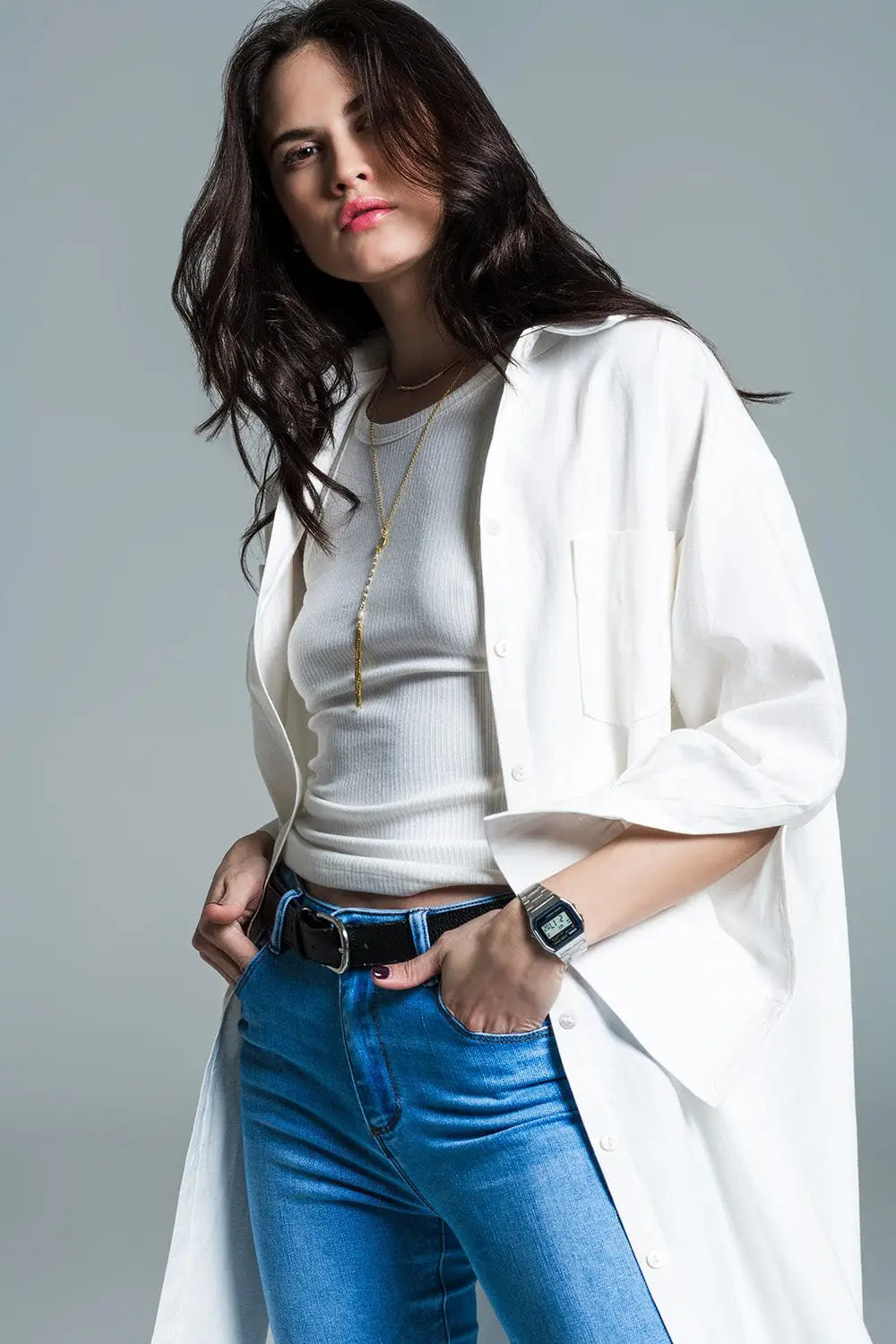 Boyfriend Cut Shirt With 3/4 Sleeve in White - Tee-Shirt
