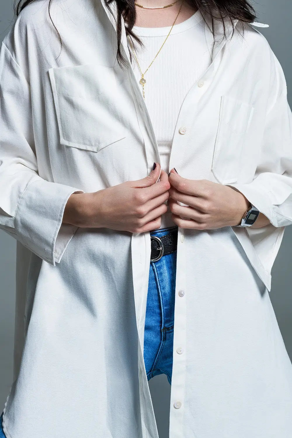 Boyfriend Cut Shirt With 3/4 Sleeve in White - Shirts