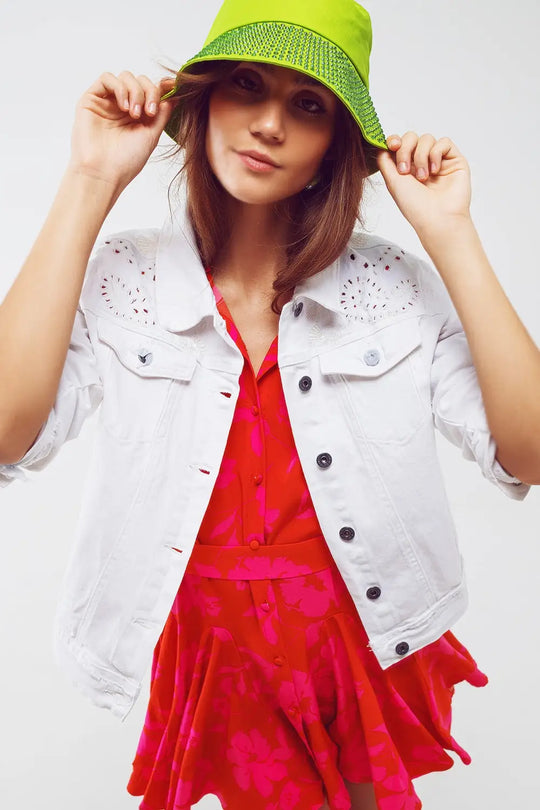 Broderie Denim Jacket in White - Coats and Jackets