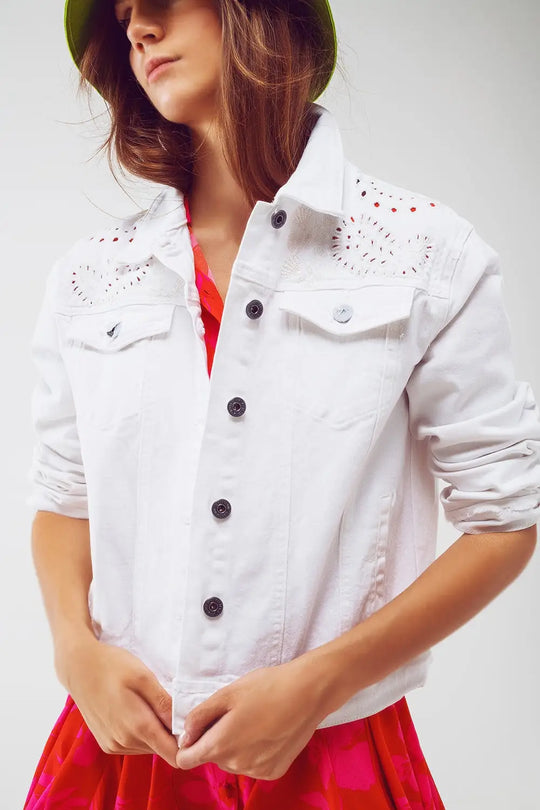 Broderie Denim Jacket in White - Coats and Jackets