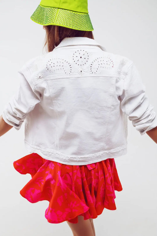 Broderie Denim Jacket in White - Coats and Jackets