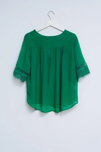 Broderie tie front blouse in green - One Size / Green - Shirts