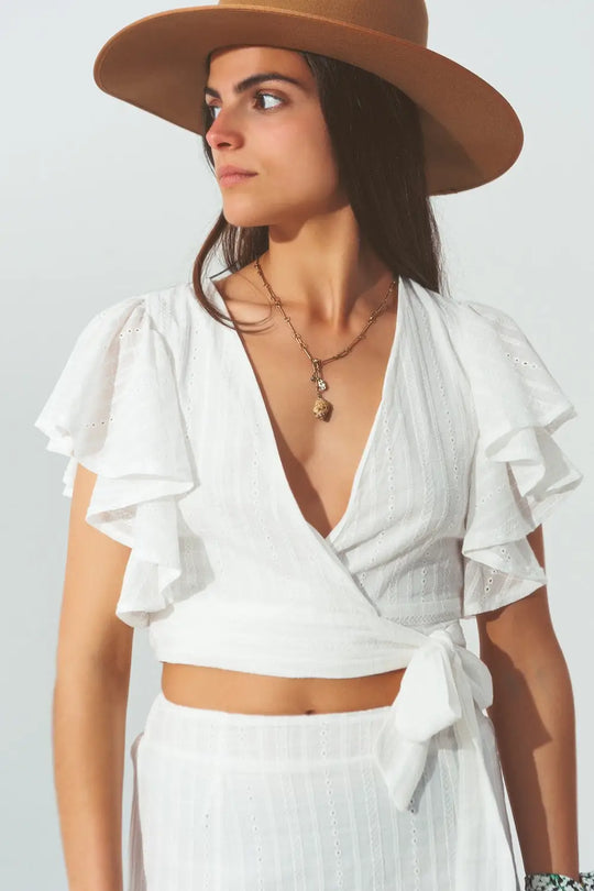Broderie Wrap Crop Top in White - Shirts