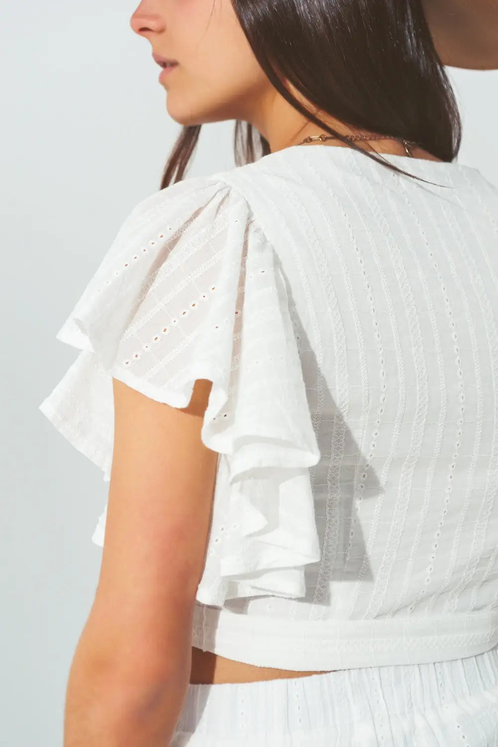 Broderie Wrap Crop Top in White - Shirts