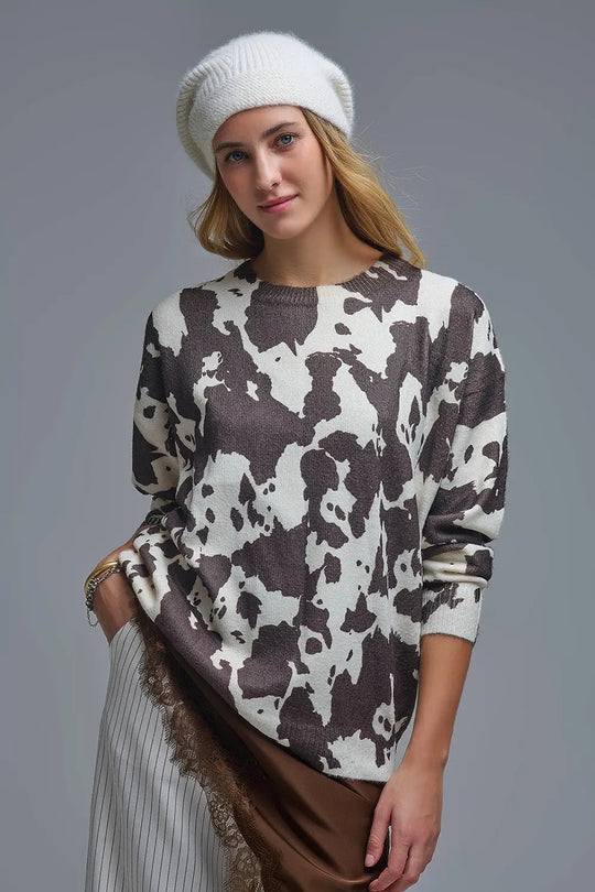 Q2 Brown-and-beige Cow Print Sweater in extra soft knitted