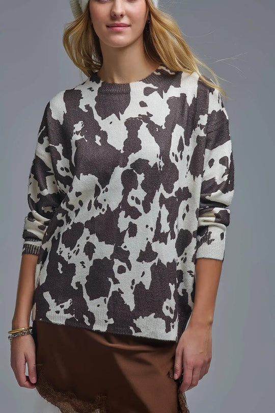 Brown-and-beige Cow Print Sweater in extra soft knitted - One Size / Brown - Sweaters