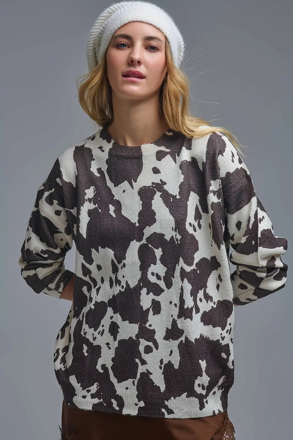 Brown-and-beige Cow Print Sweater in extra soft knitted - One Size / Brown - Sweaters