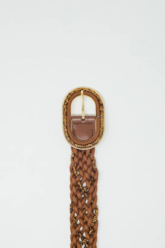 Brown Braided Belt With Intertwined Gold Thread and Oval Buckle - One Size / Brown - Accesory