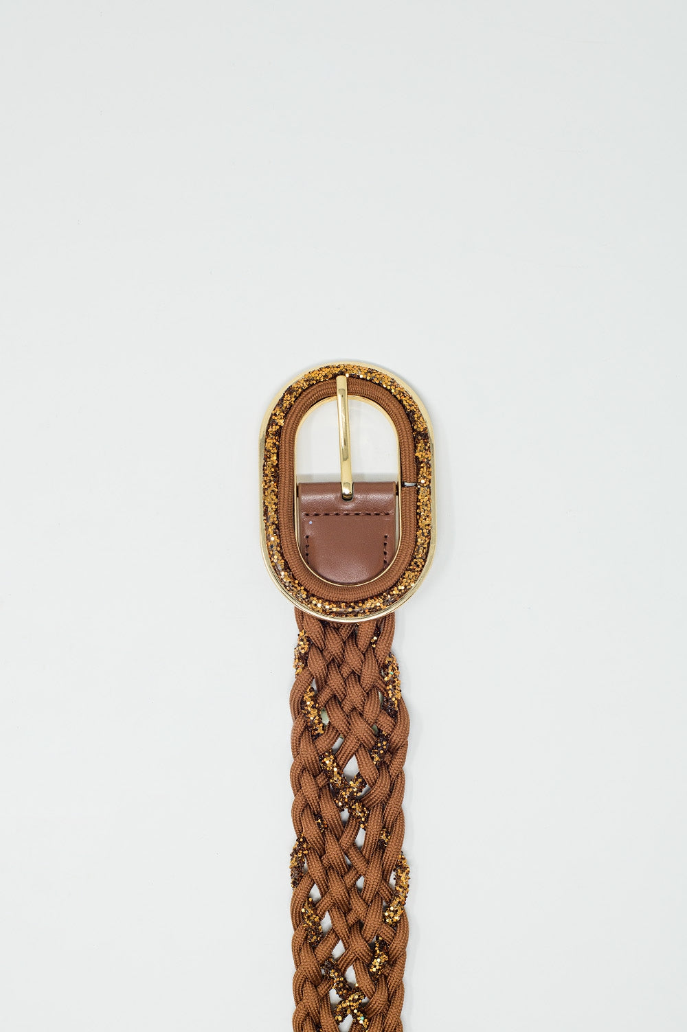 Brown Braided Belt With Intertwined Gold Thread and Oval Buckle