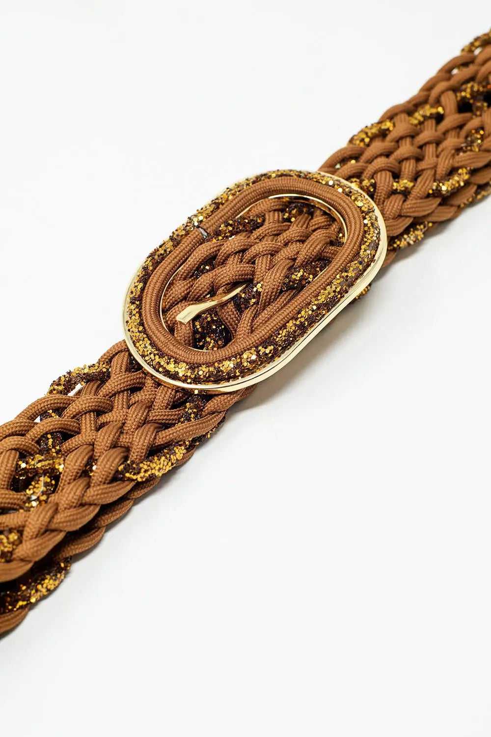 Brown Braided Belt With Intertwined Gold Thread and Oval Buckle - One Size / Brown - Accesory