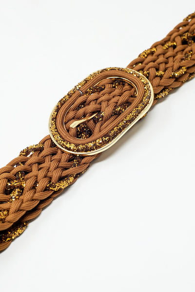 Brown Braided Belt With Intertwined Gold Thread and Oval Buckle