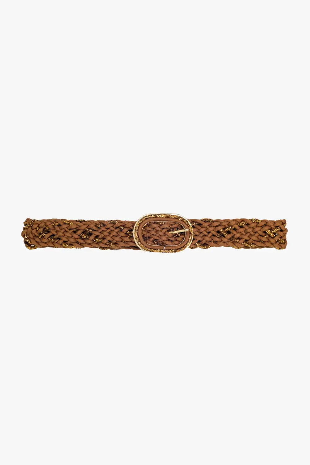 Brown Braided Belt With Intertwined Gold Thread and Oval Buckle - One Size / Brown - Accesory