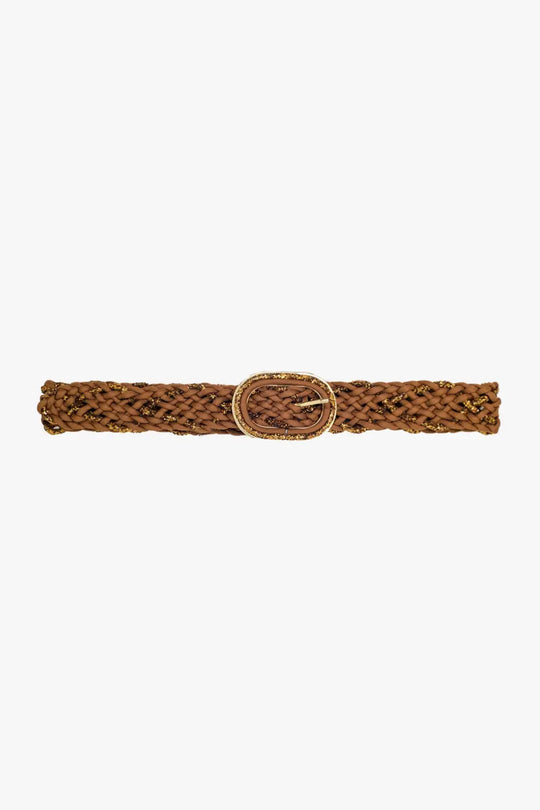 Brown Braided Belt With Intertwined Gold Thread and Oval Buckle - One Size / Brown - Accesory