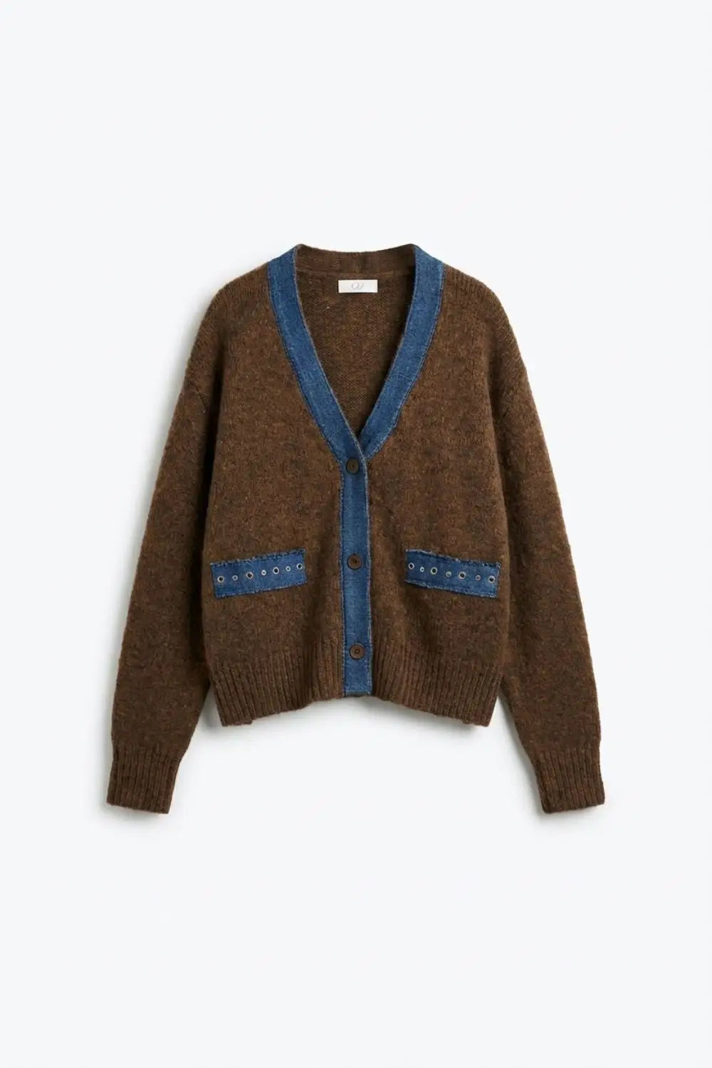 Q2 Brown cardigan with denim fabric details