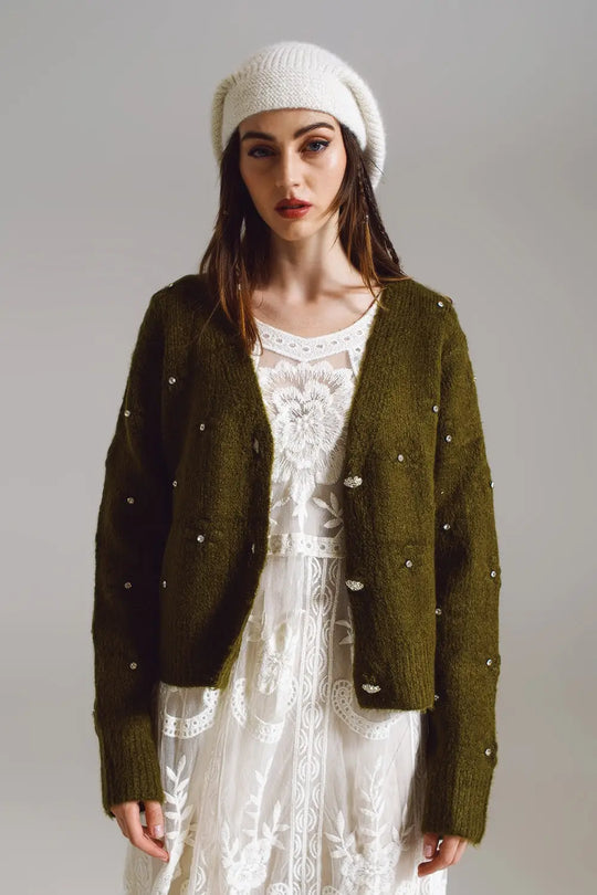 Brown cardigan with knitted flowers and embellished details in Military Green - One Size / Green - Sweaters