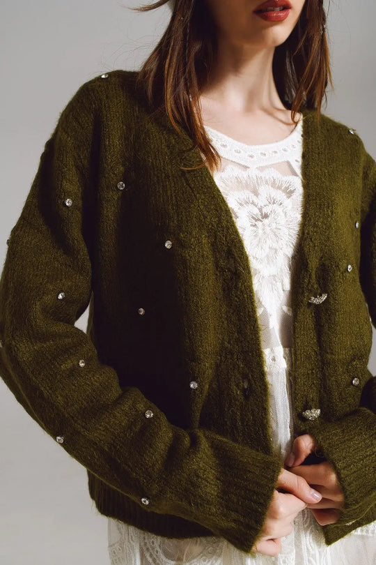 Brown cardigan with knitted flowers and embellished details in Military Green - One Size / Green - Sweaters