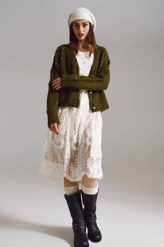 Brown cardigan with knitted flowers and embellished details in Military Green - One Size / Green - Sweaters