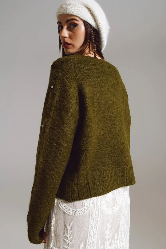 Brown cardigan with knitted flowers and embellished details in Military Green - One Size / Green - Sweaters