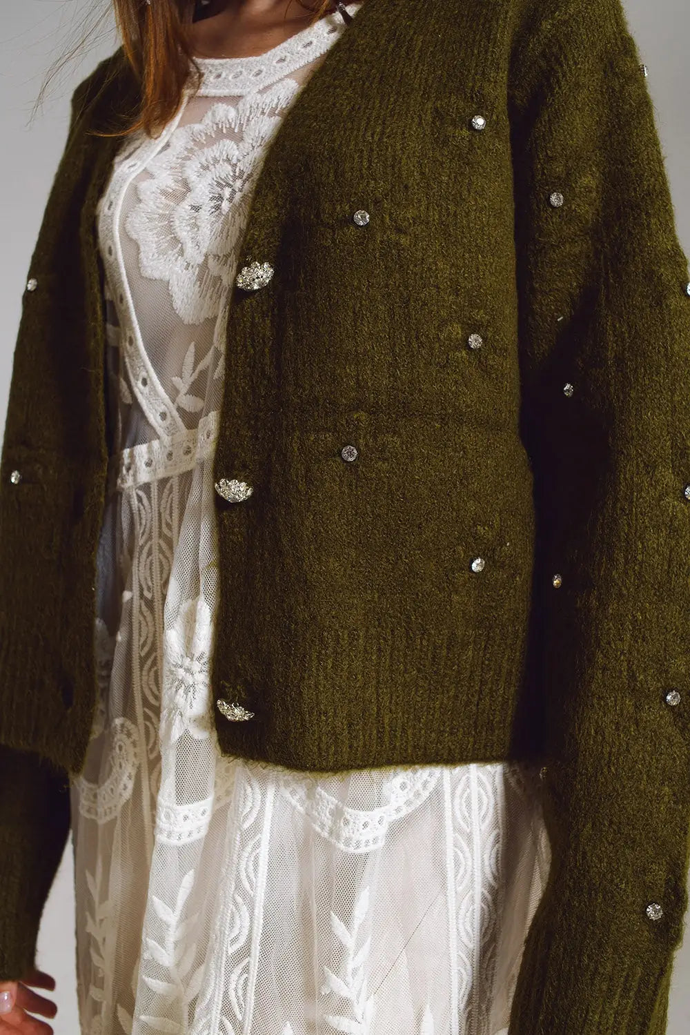 Brown cardigan with knitted flowers and embellished details in Military Green - One Size / Green - Sweaters