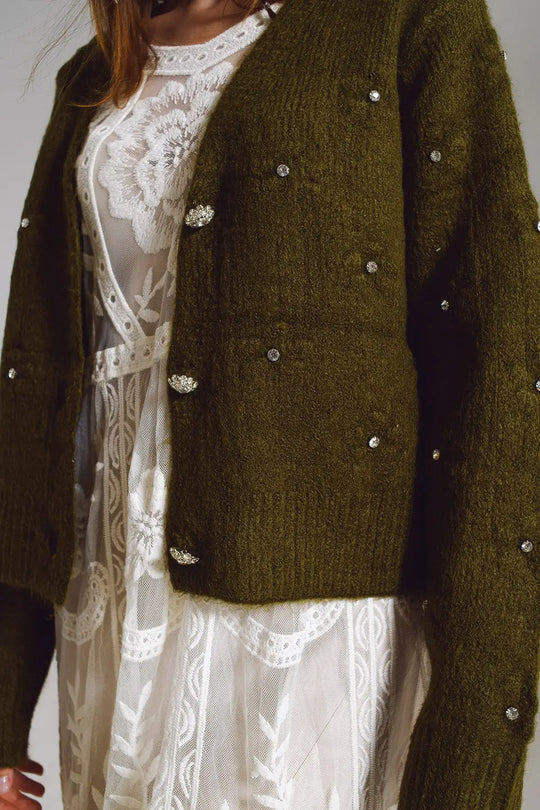 Brown cardigan with knitted flowers and embellished details in Military Green - One Size / Green - Sweaters