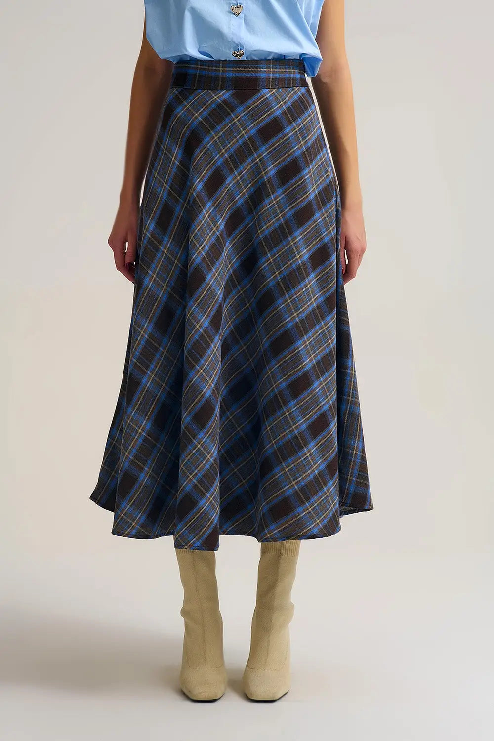 Q2 Brown Check High-Waisted Midi Skirt