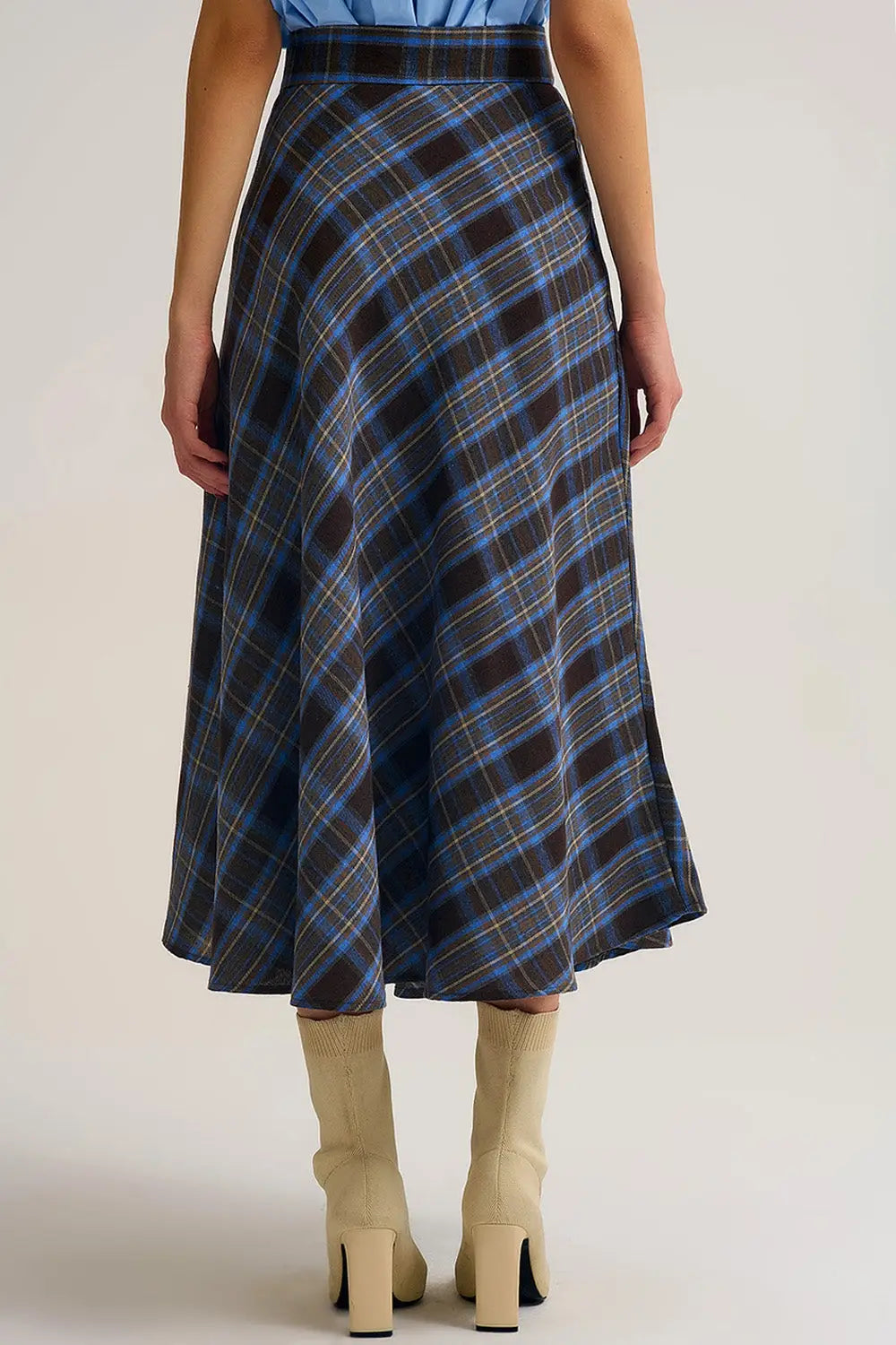 Brown Check High-Waisted Midi Skirt - Skirts